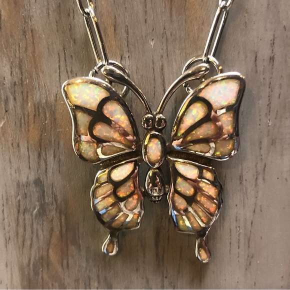 White Fire Opal Silver Butterfly Necklace - Picture 3 of 9